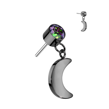 Black Plated Titanium Threadless Push In Round Bezel Set CZ With Crescent Moon Dangle