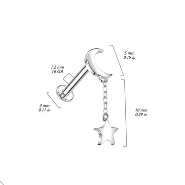 Internally Threaded 14K Yellow Gold Crescent Moon Top and Star Dangle Labret