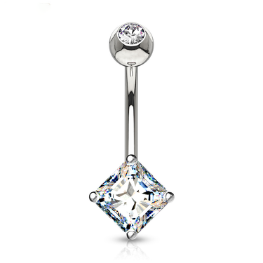 Solid 14K White Gold Navel Ring with Square Princess‑Cut Cubic Zirconia