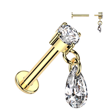 Internally Threaded 14K Yellow Gold Prong Set CZ Top and Teardrop Dangle Labret
