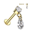 Internally Threaded 14K Yellow Gold Prong Set CZ Top and Teardrop Dangle Labret
