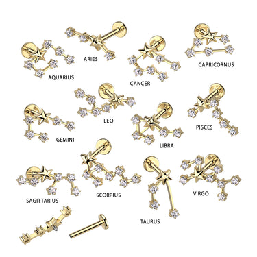 Gold Plated Surgical Steel Internally Threaded Zodiac Labret Stud