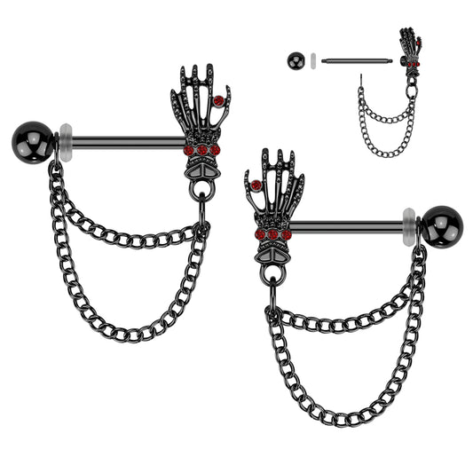 Metallic Black Chained Skeleton Hand Nipple Barbell (PAIR)