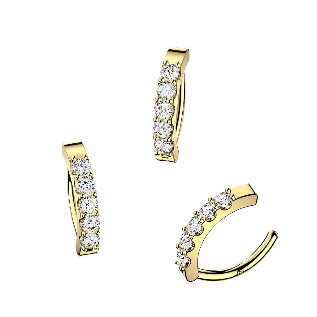 The Monaco Five Hinged Huggy Belly Ring with 5 Claw Set Gems in 14K Yellow Gold