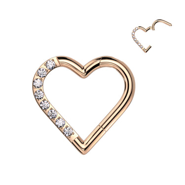 Rose Gold Titanium Hinged Segment Hoop Ring with Half Pave Cubic Zirconia Heart