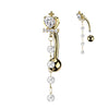 Gold Cross & Heart Cubic Zirconia Crown Top Reverse Belly Ring With Pearl Dangles