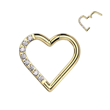 Gold Plated Titanium Hinged Segment Hoop Ring with Half Pave Cubic Zirconia Heart