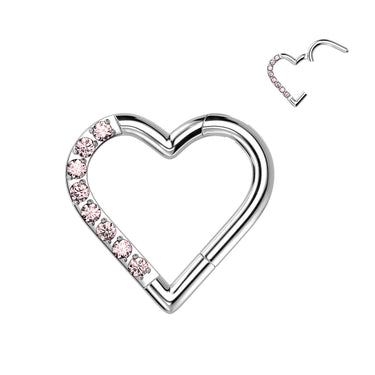 Implant Grade Titanium Hinged Segment Hoop Ring with Half Pave Cubic Zirconia Heart