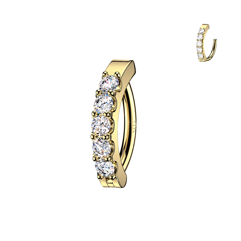 The Monaco Five Hinged Huggy Belly Ring with 5 Claw Set Gems in 14K Yellow Gold