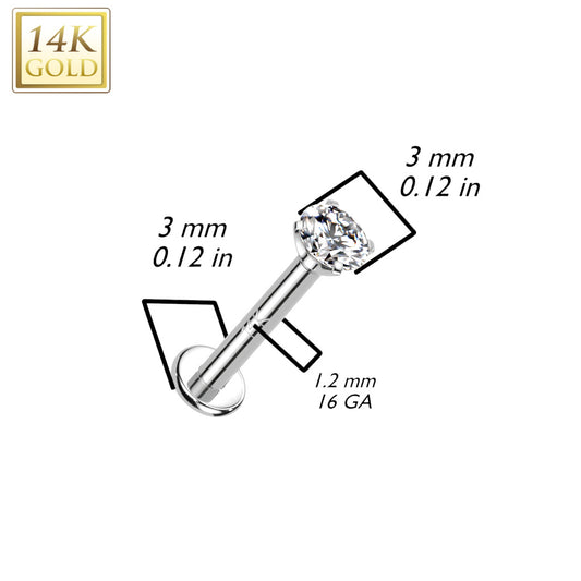 Internally Threaded Prong Set Gem Body Jewellery in 14K White Gold. Labret, Monroe, Tragus and Cartilage Earrings.