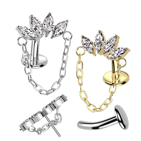 Gold Titanium Threadless Lotus Chain Floating Belly Bar