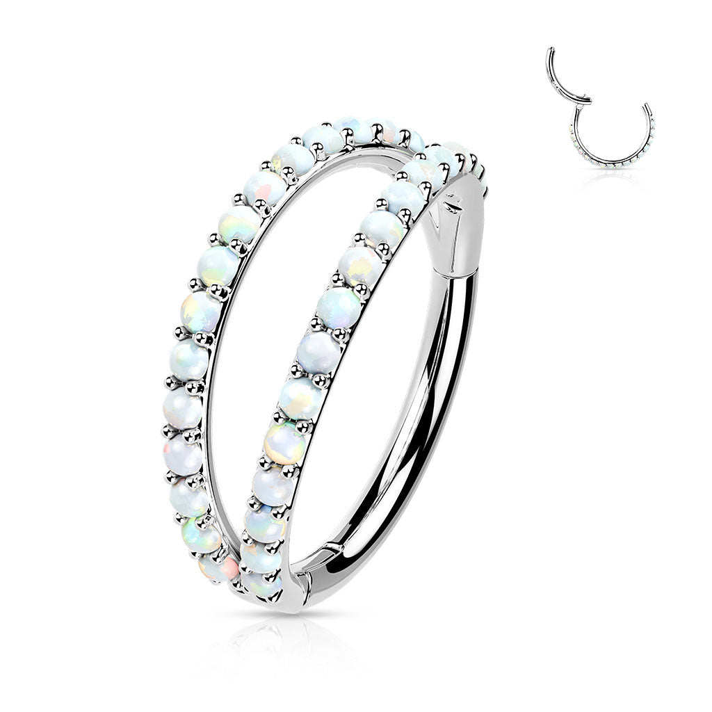 Solid White Gold Duo Stacked Opal Body Jewellery. Hinged Cartilage Sleeper.
