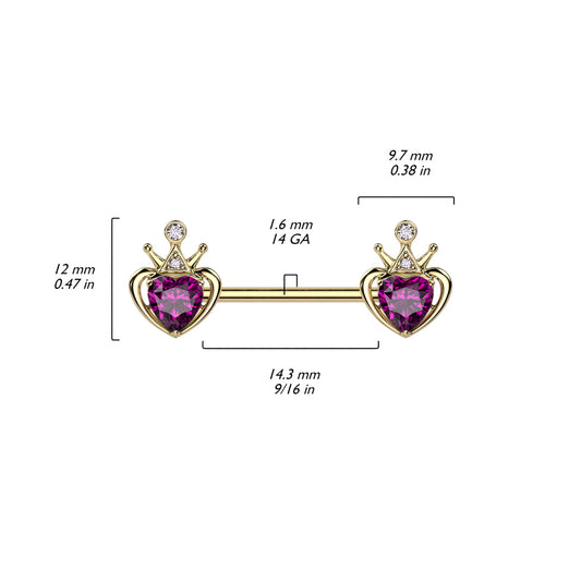 Queens Crowned Heart Nipple Barbell with Gold Plating