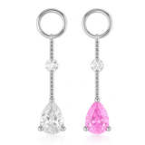 Swinger charms with teardrop-shaped gemstones, one clear and one pink, on a white background.