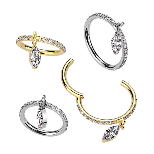 Marquise Drop Paved Titanium Hinged Clicker Earring with Gold Plating