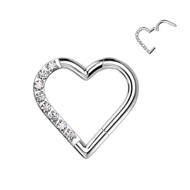 Implant Grade Titanium Hinged Segment Hoop Ring with Half Pave Cubic Zirconia Heart
