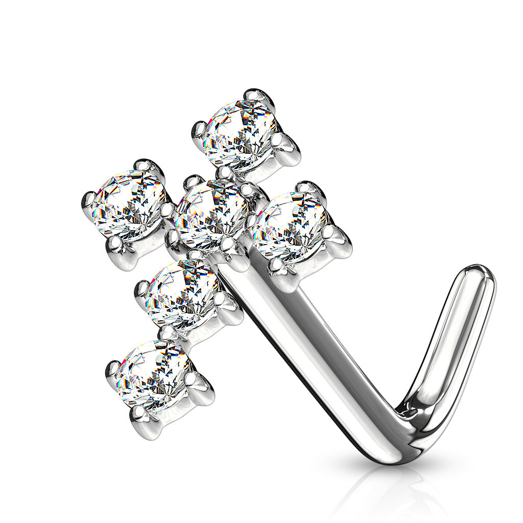 Crystal Crucifix L-Shape Nose Ring in 14K White Gold