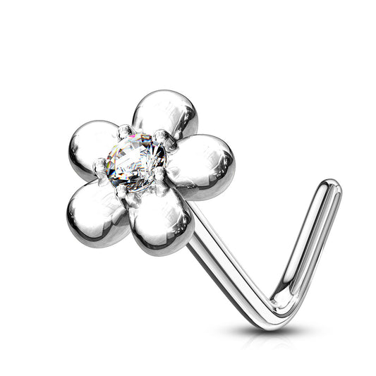 Marguerite Daisy L-Shape Nose Ring in 14K White Gold