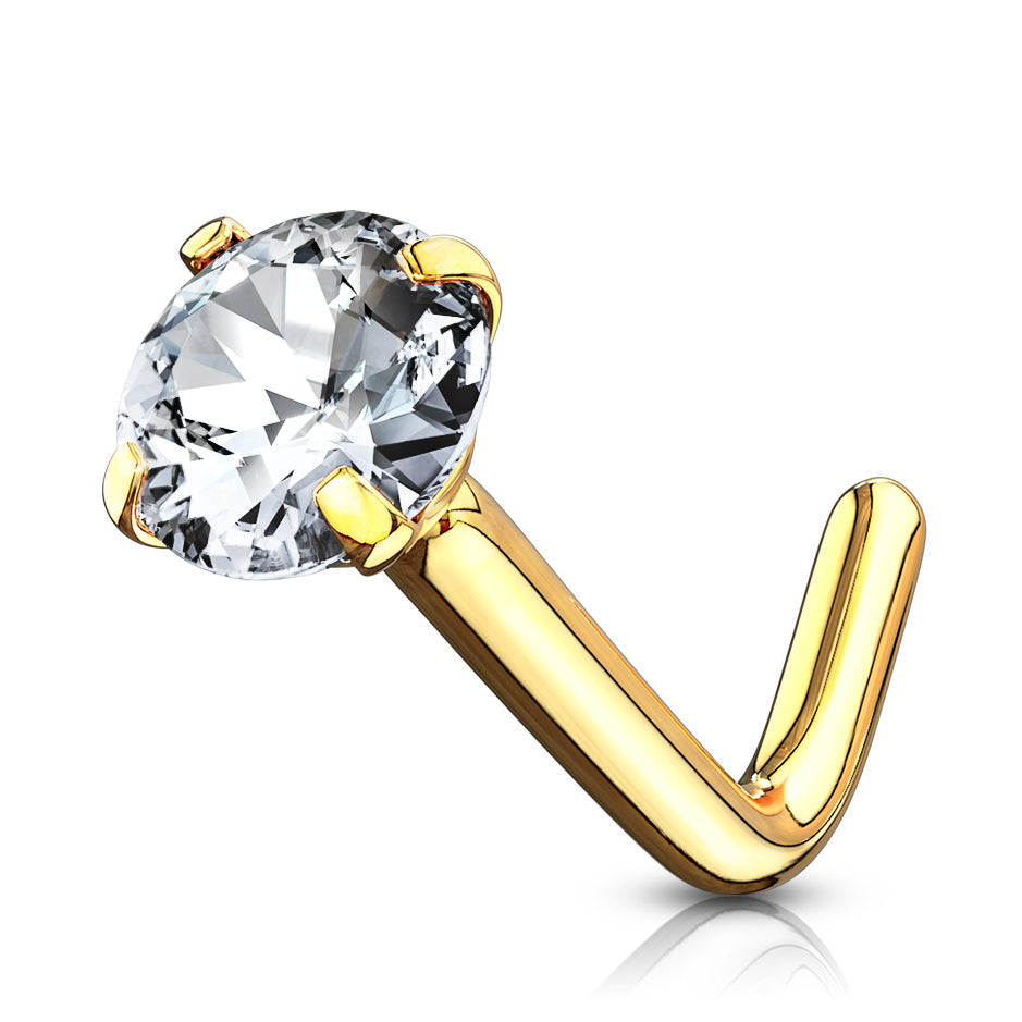 Classic Prong L-Bend Nose Ring in 14K Gold - Nostril. Navel Rings Australia.