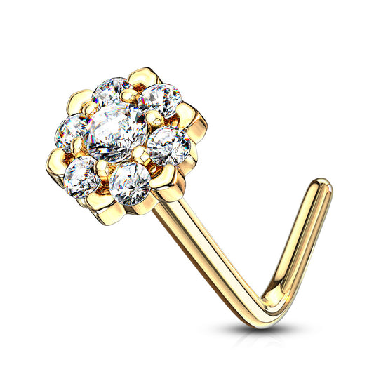 Amore Daisy L-Shape Nose Ring in 14K Yellow Gold - Nostril. Navel Rings Australia.