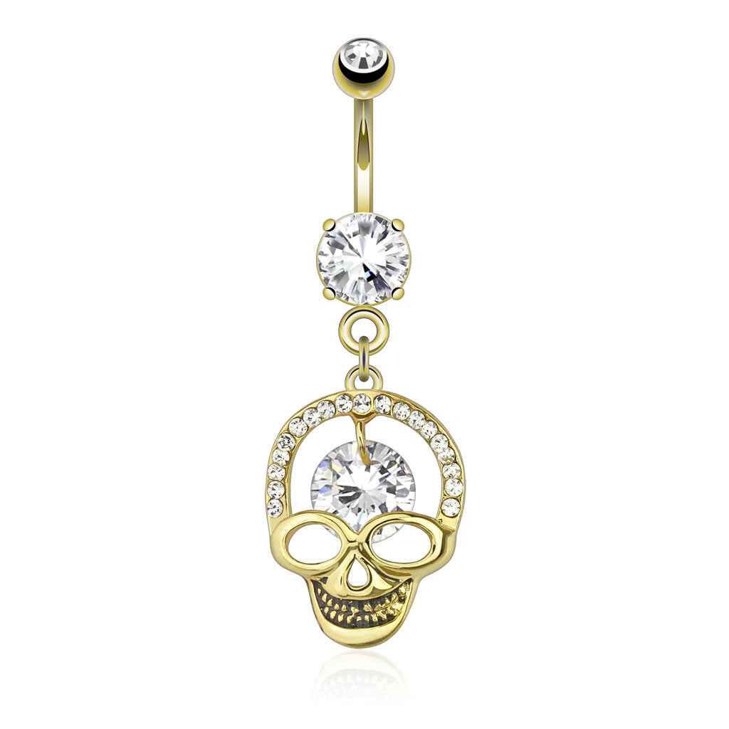 Kapala Smiling Skull Navel Ring with Gold Plating - Dangling Belly Ring. Navel Rings Australia.