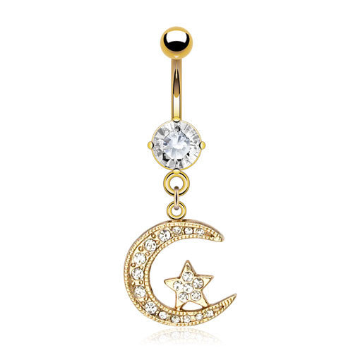 Lunar Crescent Belly Dangle with Gold Plating - Dangling Belly Ring. Navel Rings Australia.