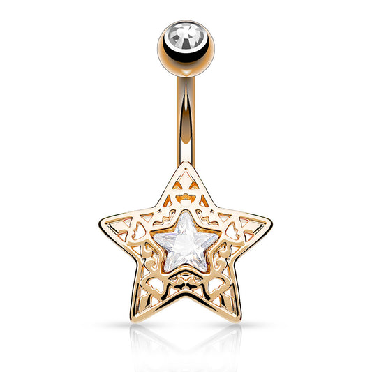 Filigree Crystal Star Belly Bar with Rose Gold Plating - Fixed (non-dangle) Belly Bar. Navel Rings Australia.