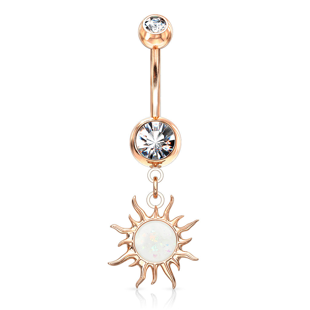 Flaming Opal Sunburst Belly Dangle with Rose Gold Plating - Dangling Belly Ring. Navel Rings Australia.