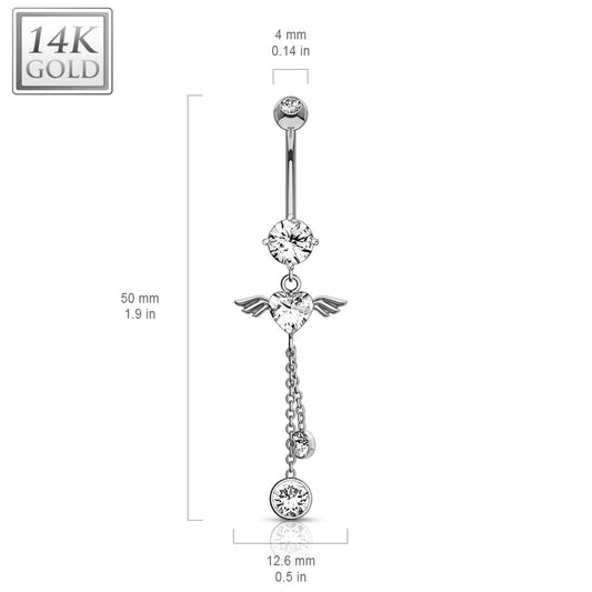 Gabriel Angel Heart Belly Bar in 14K White Gold - Dangling Belly Ring. Navel Rings Australia.