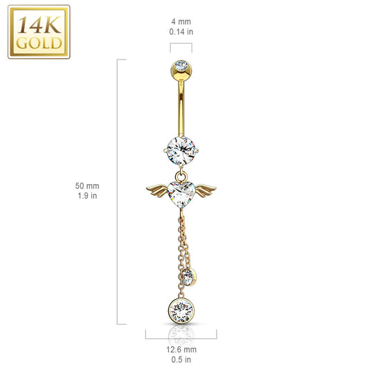 Gabriel Angel Heart Belly Bar in 14K Yellow Gold - Dangling Belly Ring. Navel Rings Australia.