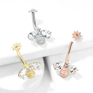 Buzzy Bee Belly Ring with Gold Plating - Fixed (non-dangle) Belly Bar. Navel Rings Australia.