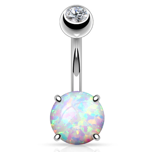 Prong Opal Belly Bar in 14K White Gold - Fixed (non-dangle) Belly Bar. Navel Rings Australia.