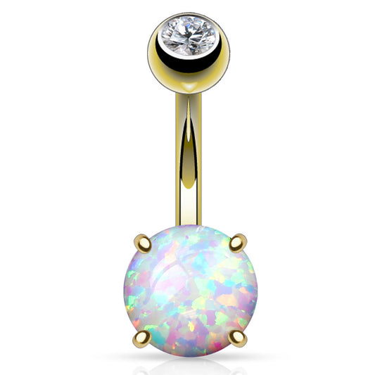 Prong Opal Belly Ring in 14K Yellow Gold - Fixed (non-dangle) Belly Bar. Navel Rings Australia.