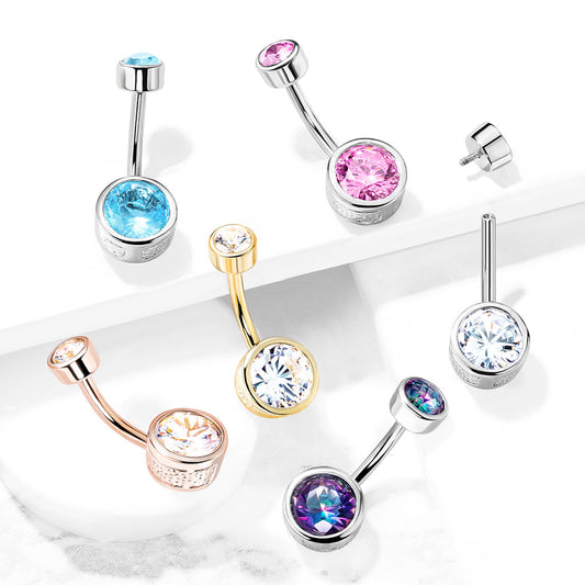Flat Disc Internally Threaded Gem Belly Bar with Gold Plating - Basic Curved Barbell. Navel Rings Australia.