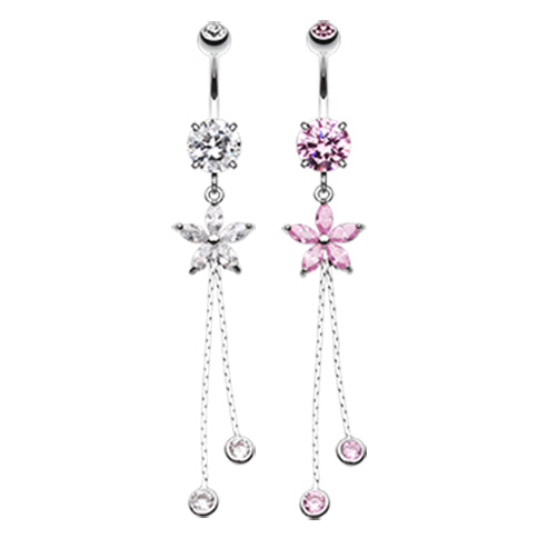 Bezelled Flower Chain Belly Dangle - Dangling Belly Ring. Navel Rings Australia.