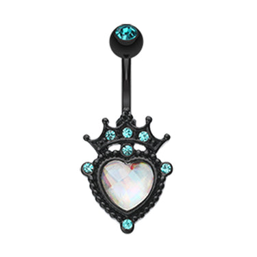 Blackline Crowned Opaline Heart Belly Ring - Fixed (non-dangle) Belly Bar. Navel Rings Australia.