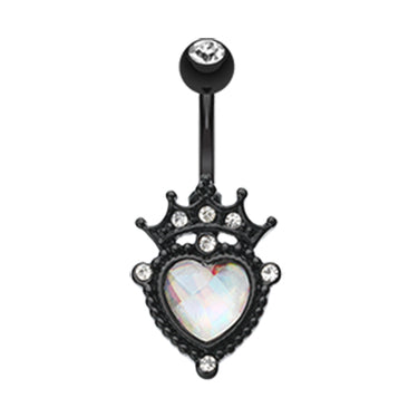 Blackline Crowned Opaline Heart Belly Ring - Fixed (non-dangle) Belly Bar. Navel Rings Australia.