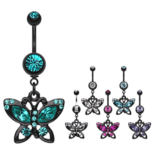 Blackline Butterfly Belly Bar - Dangling Belly Ring. Navel Rings Australia.