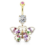 Crystal Stack Butterfly Belly Dangle with Gold Plating - Dangling Belly Ring. Navel Rings Australia.