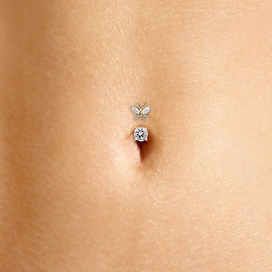 Maria Tash Butterfly Topped Solitaire Belly Ring in 14K Yellow Gold - Fixed (non-dangle) Belly Bar. Navel Rings Australia.