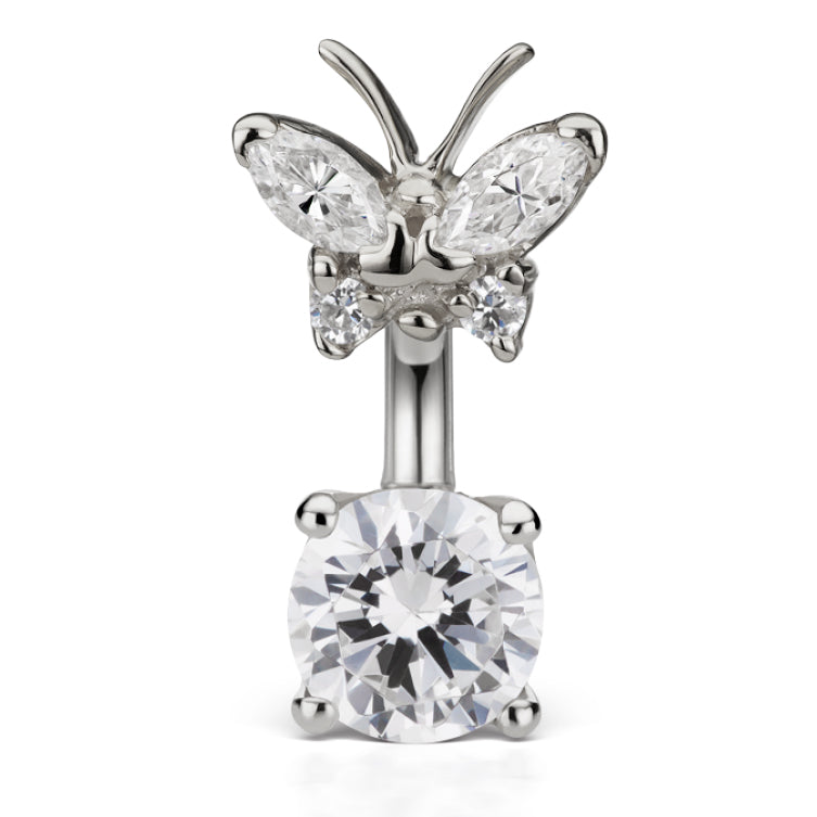 Maria Tash Butterfly Topped Solitaire Belly Ring in 14K White Gold - Fixed (non-dangle) Belly Bar. Navel Rings Australia.