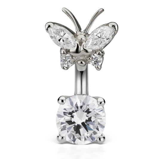 Maria Tash Butterfly Topped Solitaire Belly Ring in 14K White Gold - Fixed (non-dangle) Belly Bar. Navel Rings Australia.