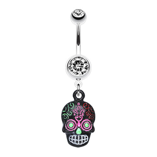 Psychedelic Mayan Skull Navel Bar - Dangling Belly Ring. Navel Rings Australia.