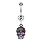 Psychedelic Mayan Skull Navel Bar - Dangling Belly Ring. Navel Rings Australia.