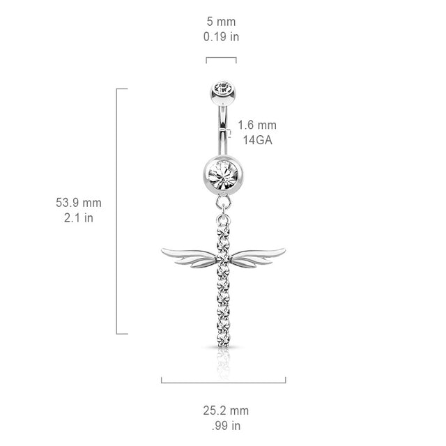 Long Dangling Belly Button Ring with Winged Religious Cross. 14g, 10mm
