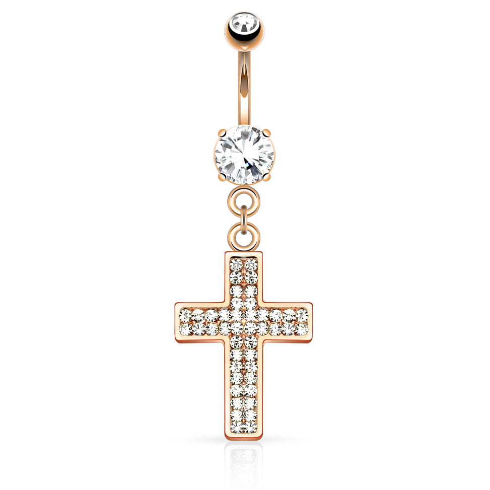Galilee Cross Navel Ring with Rose Gold Plating - Dangling Belly Ring. Navel Rings Australia.
