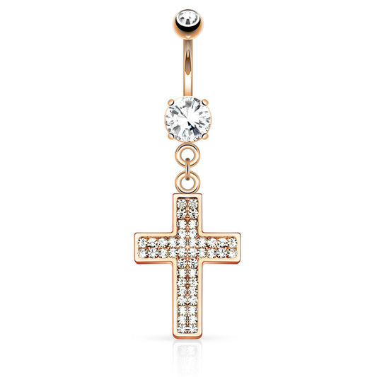 Galilee Cross Navel Ring with Rose Gold Plating - Dangling Belly Ring. Navel Rings Australia.