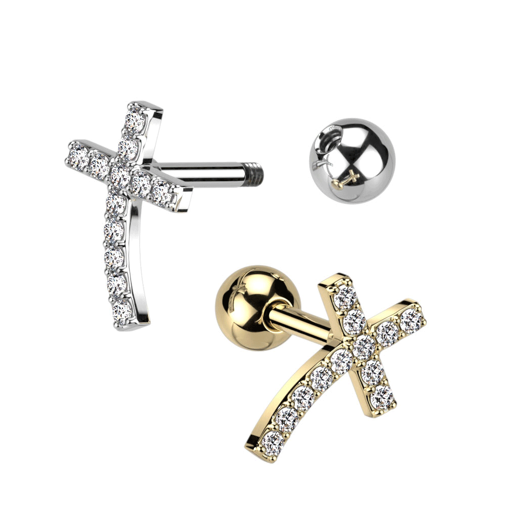 316L Surgical Steel Crystal Cross Cartilage Earring. Tragus 16g