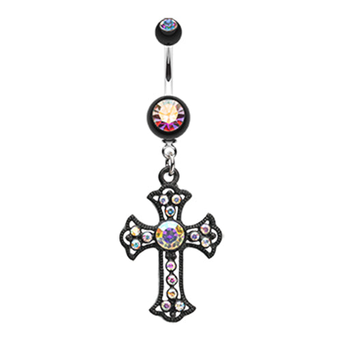 Scattered Jewelled Cross Belly Dangle - Dangling Belly Ring. Navel Rings Australia.