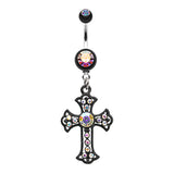 Scattered Jewelled Cross Belly Dangle - Dangling Belly Ring. Navel Rings Australia.
